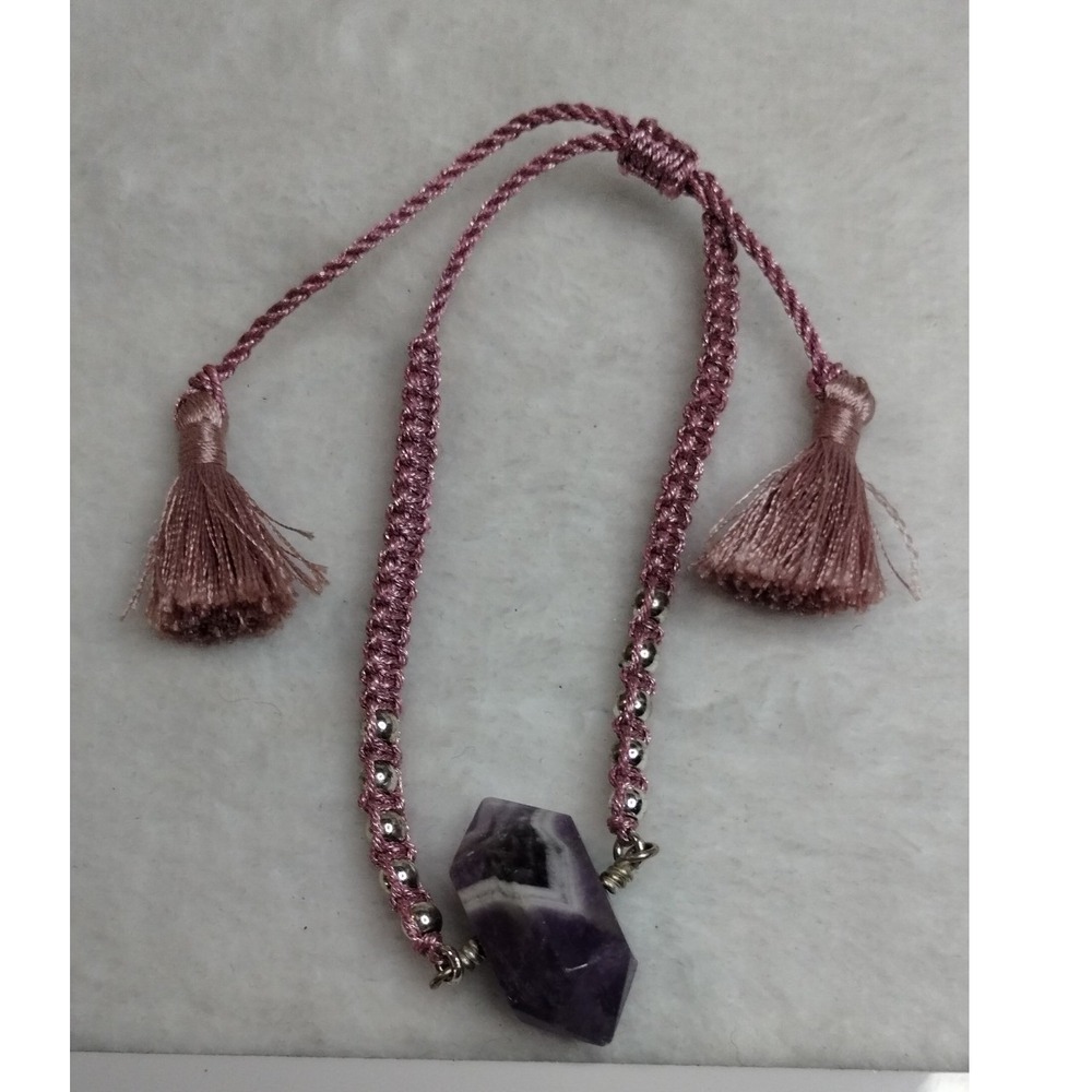Chevron Amethyst Crystal Point Tassel Bracelet Pink Cord Adjustable Boho Jewelry